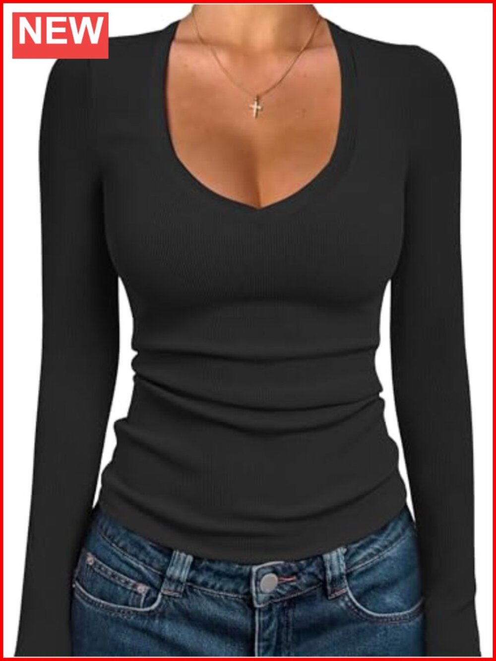 Women Long Sleeve V Neck Ribbed Knit Slim Fit Business Casual Work Top